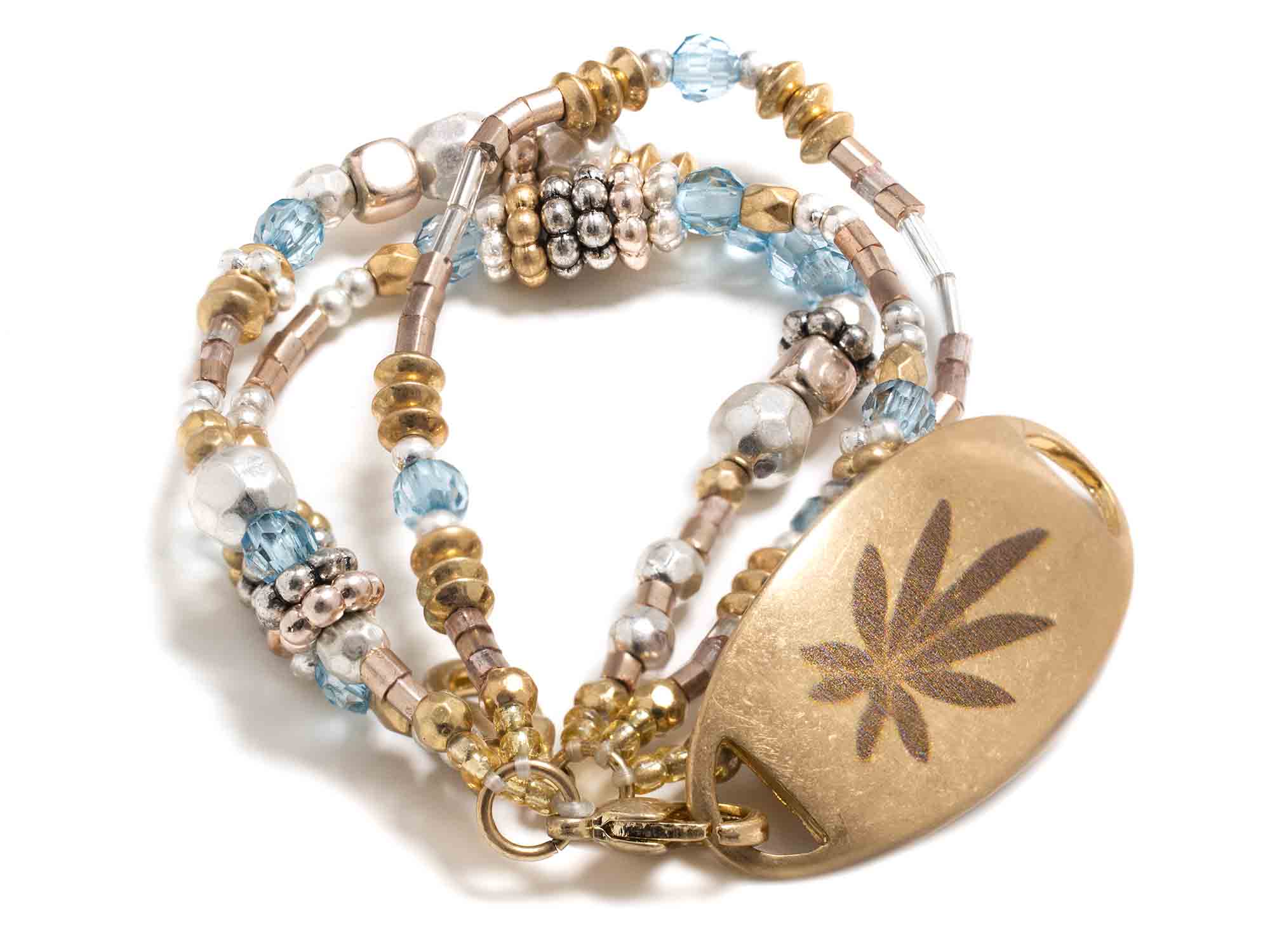 Weed Leaf Engraved Gold Plate Bracelet Cannabis Jewelry