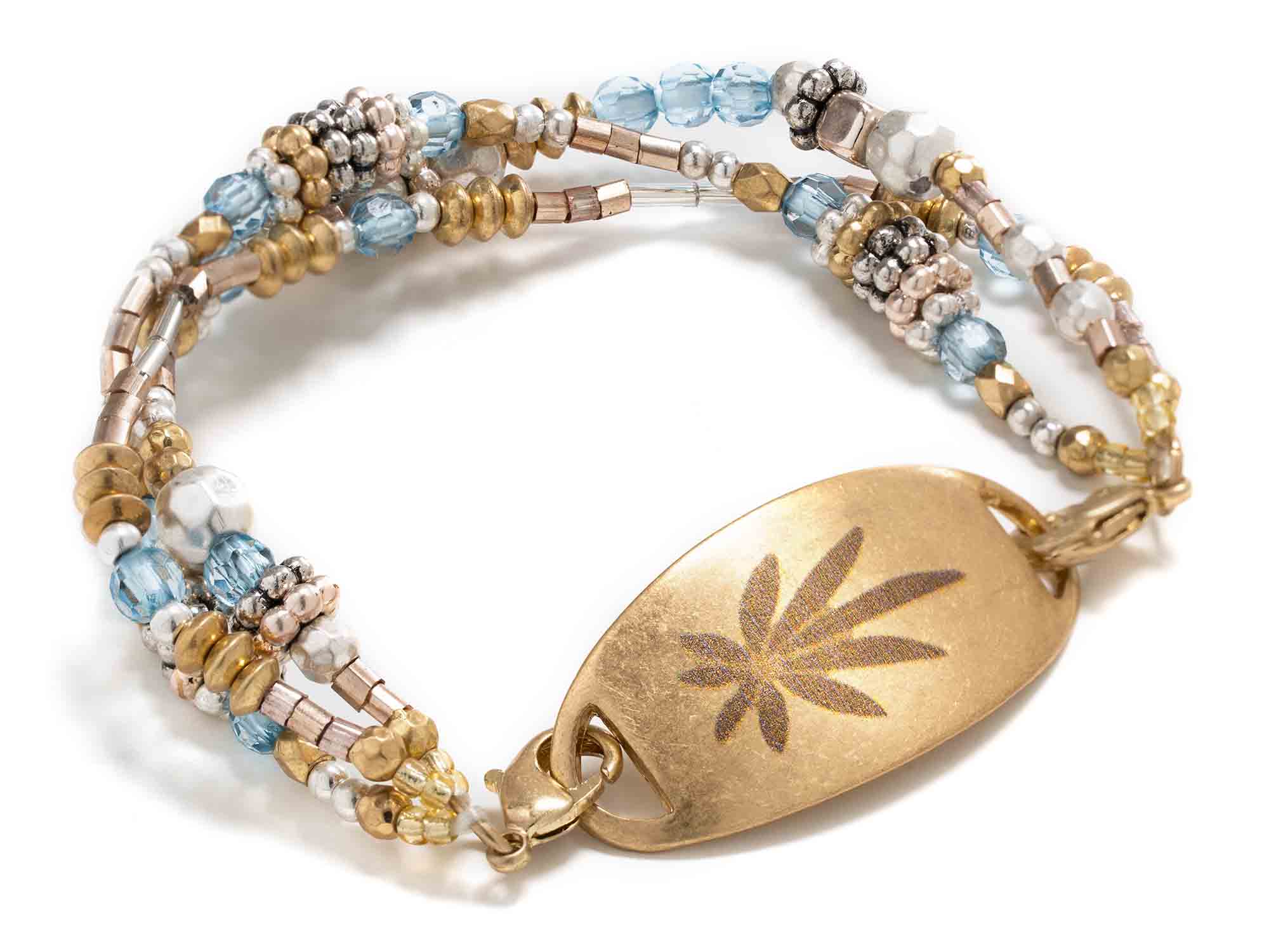 Weed Leaf Engraved Gold Plate Bracelet Cannabis Jewelry