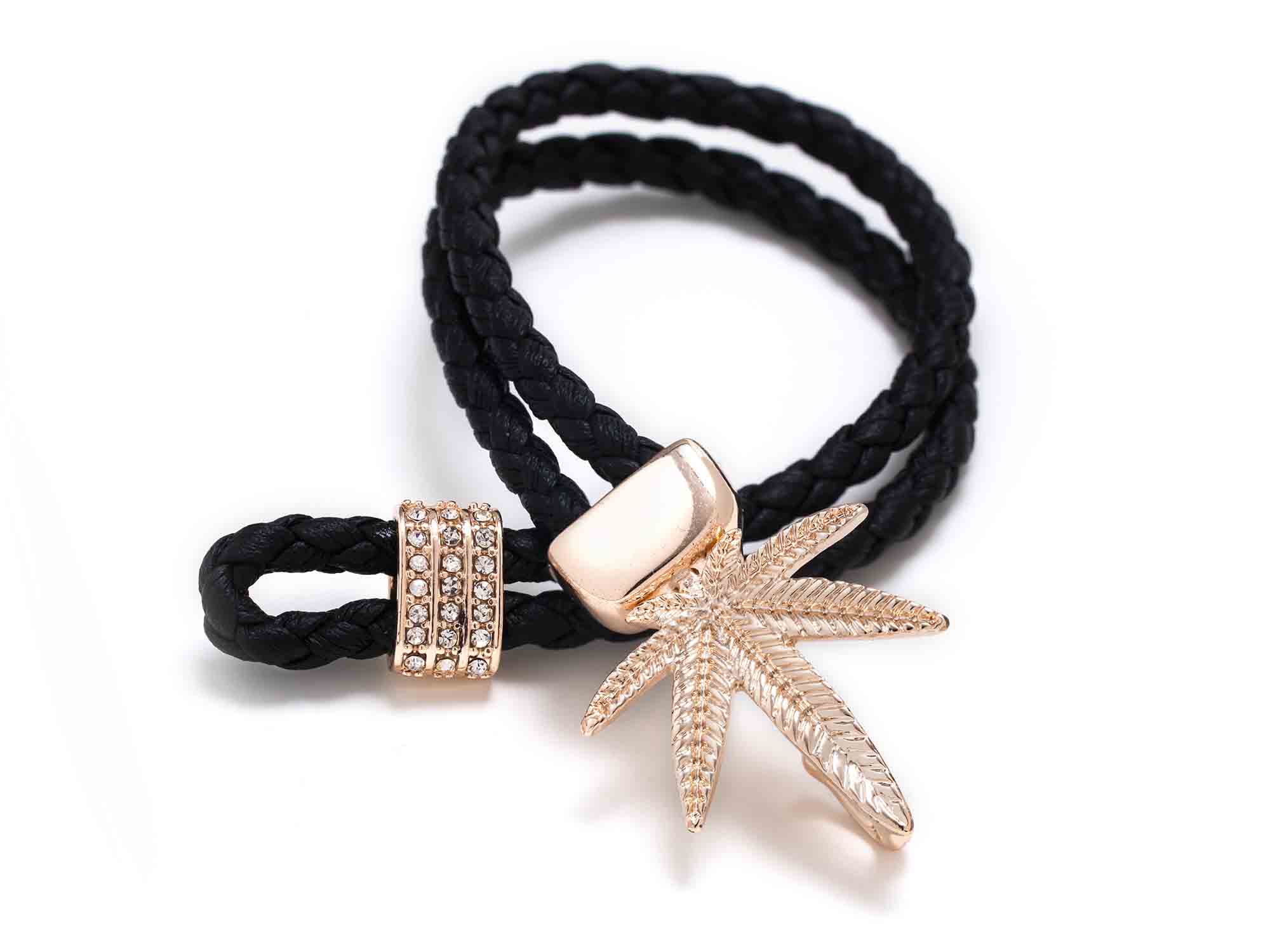 Golden Weed Leaf Bracelet With Black Band Cannabis Jewelry