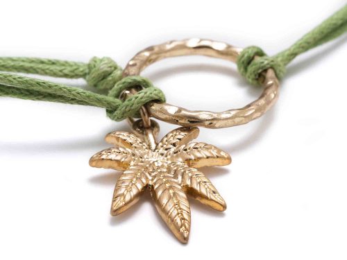 Gold Weed Leaf bracelet with green rope