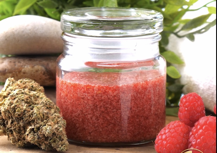 CBD sugar scrub recipe with raspberries and cannabis extract
